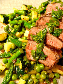 Lean Green Steak Machine with a Mint Chive Dressing and Veggie Succotash.  This one just screams fresh and seasonal...a fantastic alfresco meal! - Slice of Southern