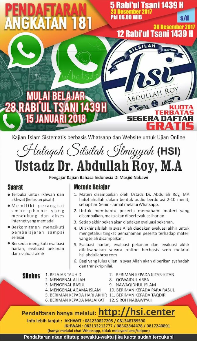 Pendaftaran HSI 181 - HSI (Halaqoh Silsilah Ilmiyyah) - Kajian Islam Sistematis Berbasis Whatsapp dan Website