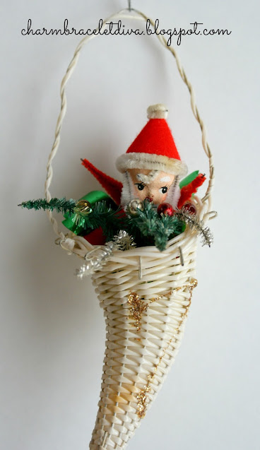vintage white wicker basket Santa ornament