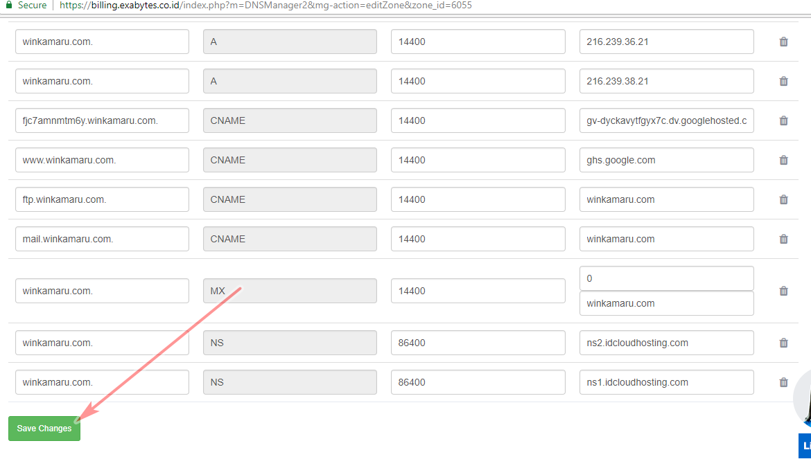 Cara Mengganti Blogspot Menjadi Domain .COM Salam teman. Postingan ini melanjutkan tulisan saya sebelumnya mengenai cara mendapatkan domain .com murah 10 ribuan saja yang saya dapatkan di salah satu layanan web hosting indonesia. Exabytes. Di postingan ini saya ingin membagikan cara mengganti domain blogspot.com dengan domain sendiri. Namun sebelum lanjut pada pembahasan inti, saya ingin mengingatkan untuk bisa mengikuti tutorial ini teman-teman blogger sudah harus memastikan bahwa teman-teman sudah memiliki domain sendiri. (Bisa: .COM, .NET, .ID, .ORG, dll) yang dibeli di exabytes. Sebagai sebuah informasi! Saya telah sukses membeli domain .COM murah di exabytes. Domain yang beralamatkan "winkamaru.com" tersebut akan saya gunakan untuk mengganti domain blogspot "winkamaru.blogspot.com" Jadi pastikan kalian sudah membeli domain .COM, di exabytes melalui tautan berikut: billing.exabytes.co.id Gambar di atas adalah alamat blog ini, sebelum diganti dari blogspot menjadi domain saya sendiri di "winkamaru.com" Okay kita langsung saja ke Cara Mengganti Blogspot Menjadi Domain .COM Milik Sendiri #1. Pertama Pastikan anda sudah membeli domain di exabytes dan status domain yang dibeli telah aktif. Untuk mengetahui status domain yang dibeli di exabytes sudah aktif atau belum, silakan login ke billing.exabytes.co.id lalu pilih "Domains + Domain Saya" Lihat kembali dan pastikan DOMAIN anda sudah diaktifkan, jika belum aktif silakan lakukan pembayaran order domain anda dan lakukan konfirmasi ke pihak exabytes melalui email atau live chat. Sehingga domain bisa digunakan! #2. Kedua Langkah selanjutkan silakan buka dashbord blogger milik anda di: draft.blogger.com Silakan pilih menu "Setelah + Dasar" lalu pilih "Siapkan URL Pihak ke-3 Untuk Blog" pada kolom alamat blog. Lihat Gambar! #.3 Ketiga Pada tahap berikutnya! Silakan langsung memasukan nama domain yang sudah anda beli! Pada tutorial ini saya menggunakan domain saya sendiri "winkamaru.com" yang telah saya beli dengan harga murah Rp 10.000-an saja di Exabytes. Saat memasukkan domain, pastikan ikut sertakan dengan memasukkan WWW sebelum nama domain. Tampak seperti gambar di bawah: Selanjutnya pilih dan klik "SIMPAN" #4. Keempat Akan muncul pesan kesalahan! Hal ini normal terjadi dikarenakan domain bersangkutan perlu dilakukan setingan lanjut untuk domain dari exabytes bisa dihubungkan dengan blogger.com Catat kode yang muncul! #5. Kelima Selanjutnya silakan masuk ke billing.exabytes.co.id/clientarea.php lalu pilih menu "Domains + Manage DNS" #6. Keenam Lanjutkan dengan memilih "Add New Zone" Pada Domain yang akan dihubungkan dengan blogger. #7. Ketujuh Selanjutnya Masukkan nama domain anda! Contoh di sini "winkamaru.com" dengan Setingan IP biarkan defauls saja. Setelah itu silakan pilih dan klik "Add Zone" #8. Kedelapan Pada tahap ini, silakan masuk pada menu "edit" yang disimbolkan dengan gambar kertas dan pensil. Pada menu inilah kita akan melakukan setingan domain exabytes dan dihubungkan ke blogger.com. Menggantikan domain blogspot dengan domain kita sendiri. #9. Kesembilan Pada tahap berikutnya hapus saja dua record berikut, lihat seperti gambar! Setelah menghapus record di atas, selanjutnya kita tambahkan dua record CNAME yang diambil di blogger. 2 Record CNAME tersebut adalah record yang sudah dicatat sebelumnya: Lihat Gambar! #10. Kesepuluh Selanjutnya Pilih "Add Record" untuk memasukkan Record CNAME dari Blogger! Masukkan Record CNAME Pertama: Host: www Target: ghs.google.com lihat seperti gambar! Masukkan lagi Record CNAME kedua: Host: fjc7amnmtm6y Target: gv-dyckavytfgyx7c.dv.googlehosted.com #11. Kesebelas Setelah memasukkan 2 Record CNAME di atas dari blogger.com. Selanjutnya kita perlu menambahkan 4 Record lagi, dimasukkan satu persatu. 4 Record tersebut diantaranya: NAME Type TTL RDATA . A 14400 216.239.32.21 . A 14400 216.239.34.21 . A 14400 216.239.36.21 . A 14400 216.239.38.21 Masukkan empat Record di atas Menjadi Seperti ini: #12. Ke Dua Belas Setelah total 6 Record di atas sudah dimasukkan, selanjutnya silakan pilih "Save Changes" agar semua setingan yang dibuat disimpan. #13. Ke Tiga Belas Sekarang pada langkah terakhir, silakan kembali ke blogger. Untuk menyimpan dan mengaktifkan domain exabytes di blogger.com. Yah... sekarang setelah mimilih simpan maka secara otomatis domain yang masih menggunakan blogspot pun akhirnya diganti dengan domain kita sendiri "winkamaru.com" Sampai di sini kita sudah berhasil mengganti domain blogspot dengan domain sendiri, termasuk sukses menghubungkan domain exabytes dengan blog kita di blogger.com Sekian! Semoga tutorial ini bisa bermanfaat untuk anda, jika ada pertanyaan terkait postingan ini silakan berkomentar di bawah.