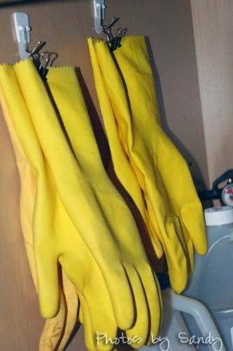 Binder clips for hanging rubber gloves :: OrganizingMadeFun.com