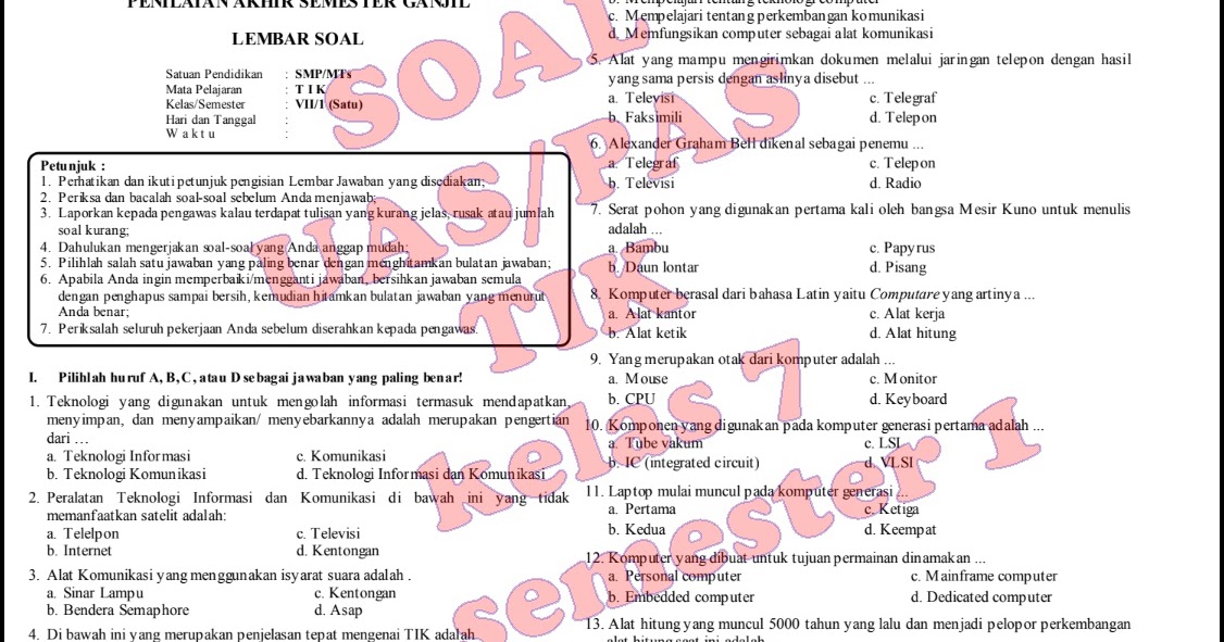 soal essay tik kelas 7 dan kunci jawaban