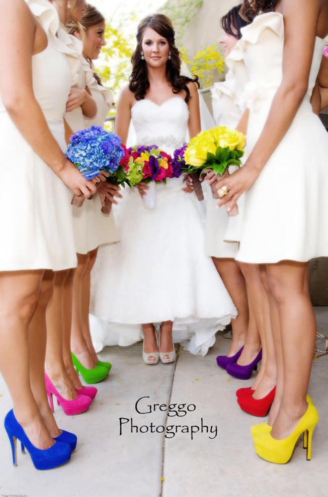 bridesmaids with different shoes