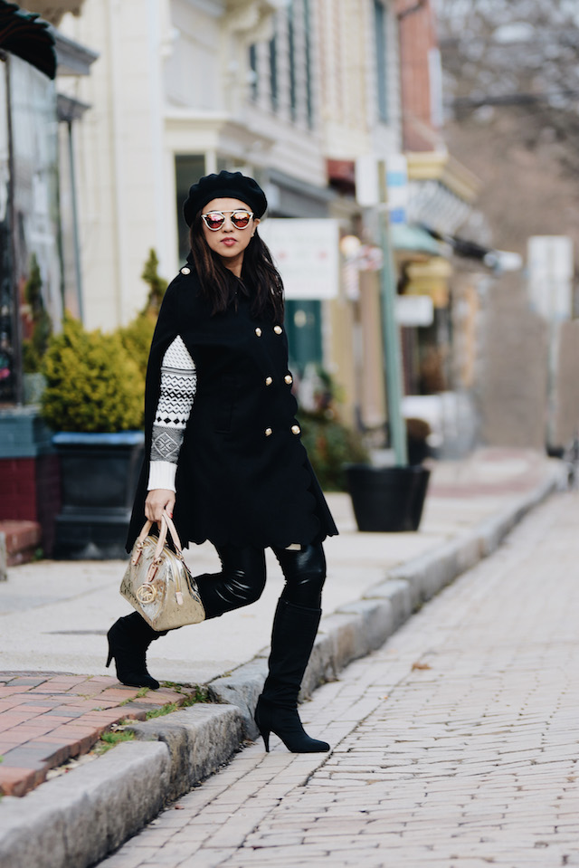 Winter Fashion by Mari Estilo- Wearing: Black Military Cape: SheIn Cardigan: Choies (Similar) Pants: Rachel Roy Bag: Michael Kors Boots: Nine West