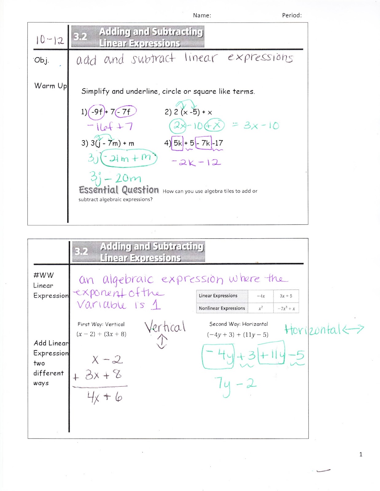 Ms. Jean's Classroom Blog: 3.2 Adding and Subtracting Linear Expressions