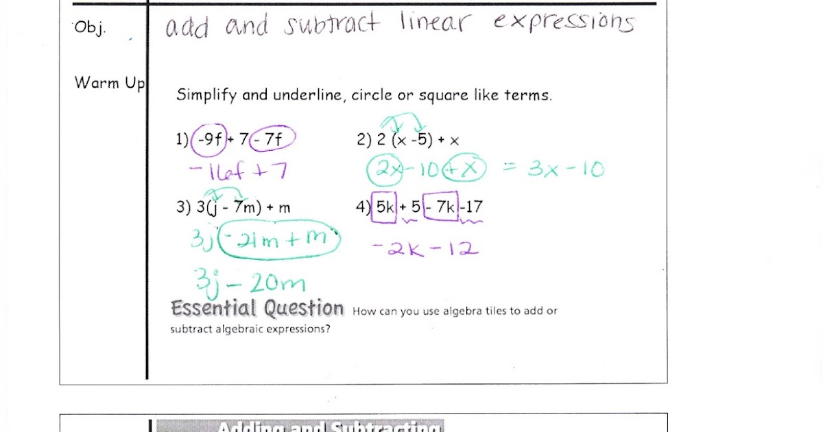 Ms. Jean's Classroom Blog: 3.2 Adding and Subtracting Linear Expressions