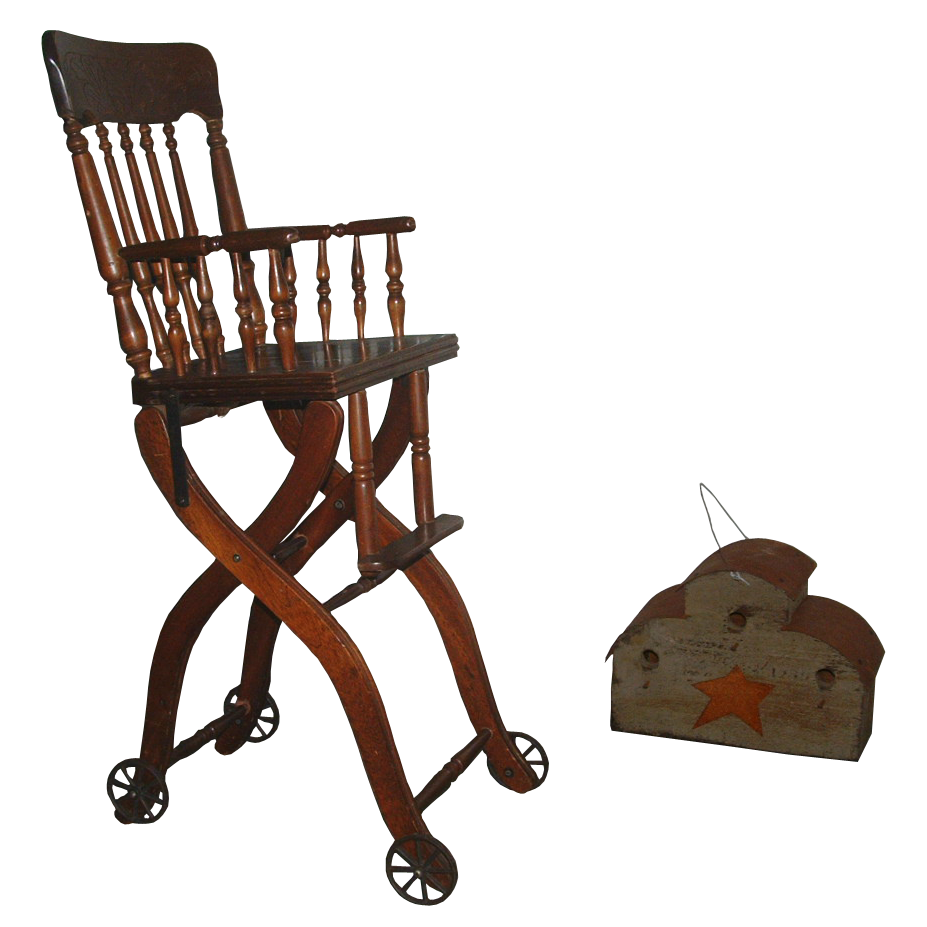 antique wooden high chair with wheels