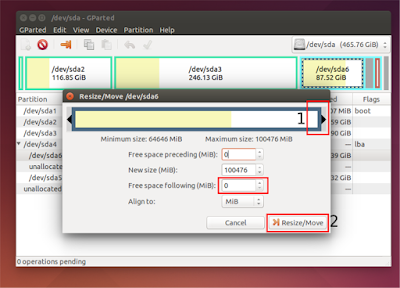 Lalu rubah yang 10GB tadi ke angka 0 atau geser grafik partisi yang paling atas itu (no. 1) kemudian klik Resize/move Lalu rubah yang 10GB tadi ke angka 0 atau geser grafik partisi yang paling atas itu (no. 1) kemudian klik Resize/move