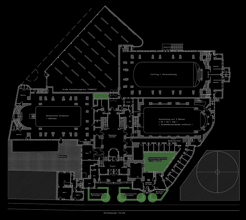 Erdgeschossgrundriss mit Freiflächen (Museumskonzeption mit Teilnassnutzung)