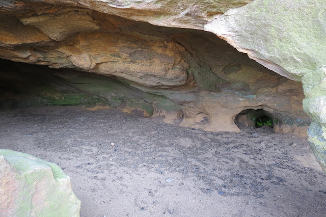 A low-roofed cave entrance, with a sandy floor scattered with sheep droppings.