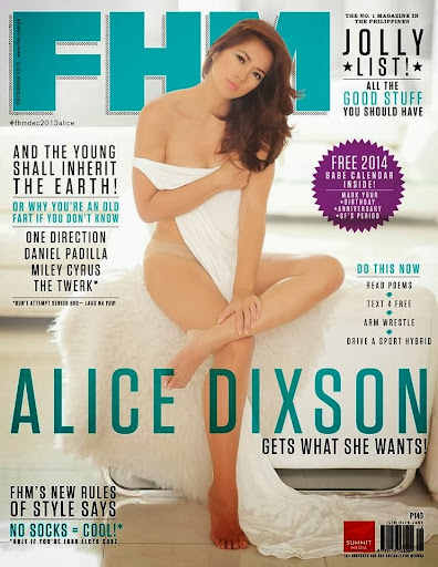 Alice Dixon former beauty queen the cover page of men's magazine FHM Philippines December 2013