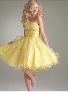 one shoulder yellow short mini cocktail party dress