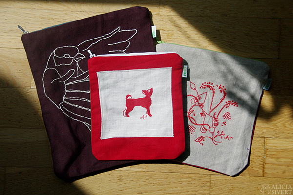 Embroidered pouches by Alicia Sivertsson.
