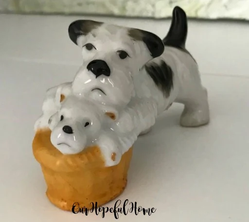 occupied Japan era porcelain terrier puppy basket figurine