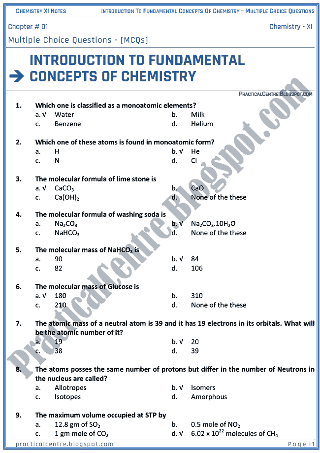 Introduction To Fundamental Concepts Of Chemistry - MCQs - Chemistry XI