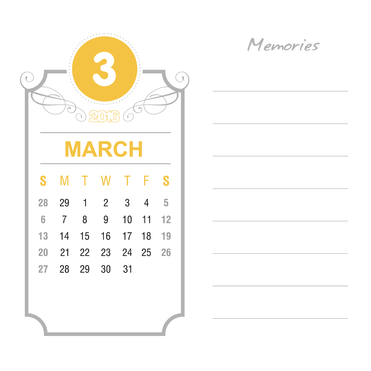 March blank calendar 2016 for free to print