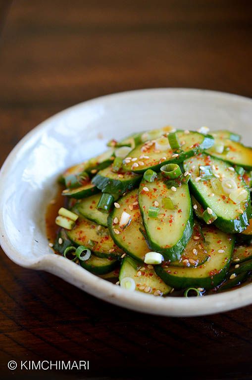 Korean cucumber salad or Oi Muchim in less than 5 minutes. Easy, simple last minute side dish to any Korean meal. No oil so it's extra refreshing. 