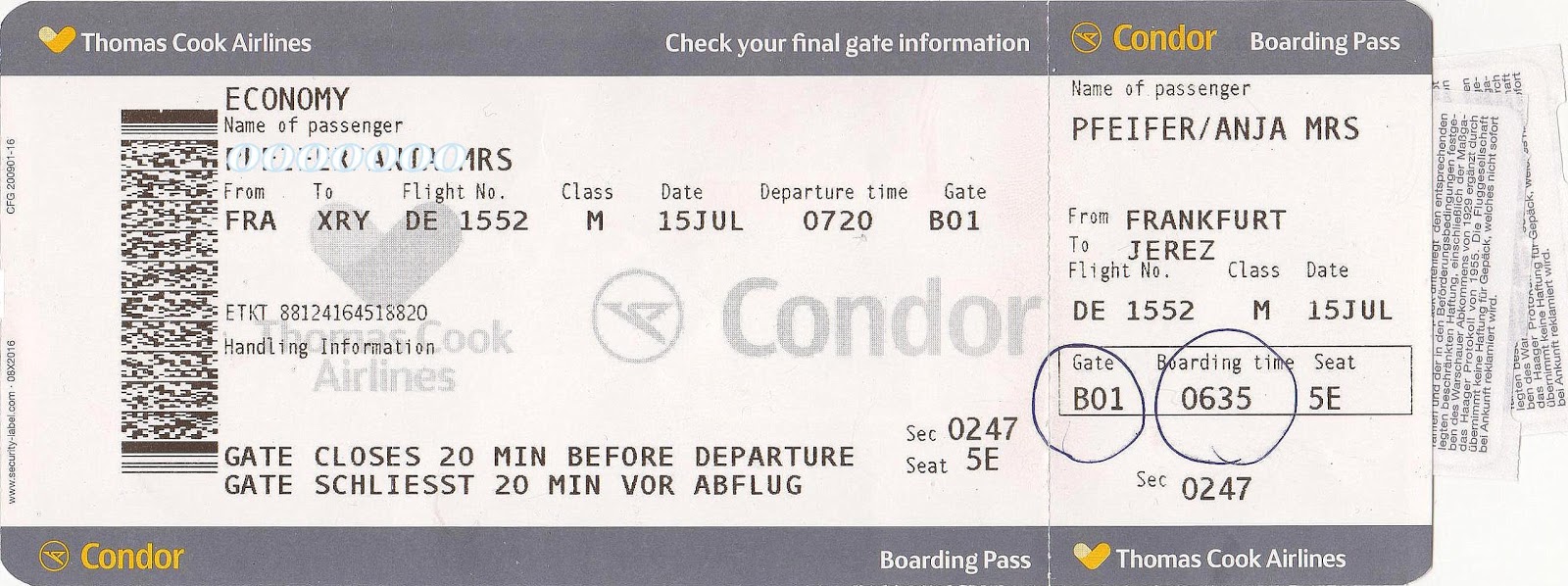 The traveler's drawer THOMAS COOK AIRLINES / CONDOR. Boarding card for