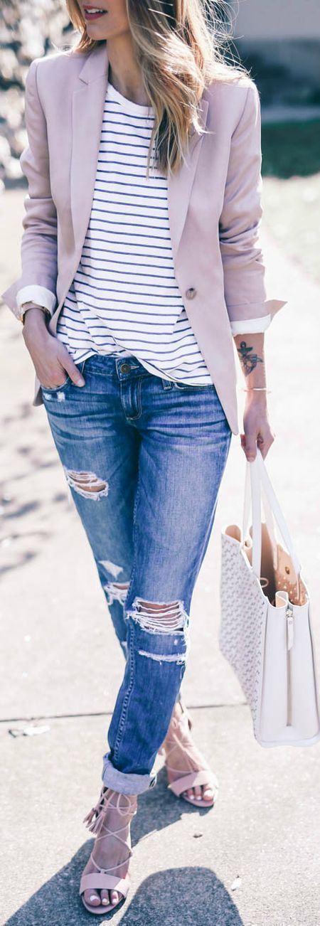 casual style obsession / blush blazer + stripped tee + boyfriend jeans + bag + heels