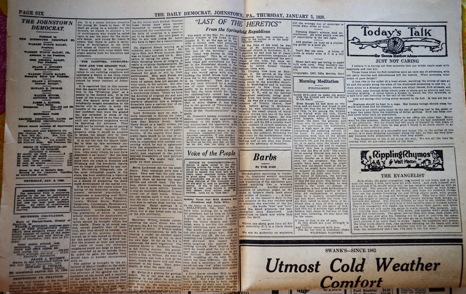 Old Johnstown Newspapers January 5, 1928 The Johnstown Democrat