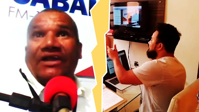 Tela dividida: radialista Zadique de um lado, Advogado Pierre Logan de outro