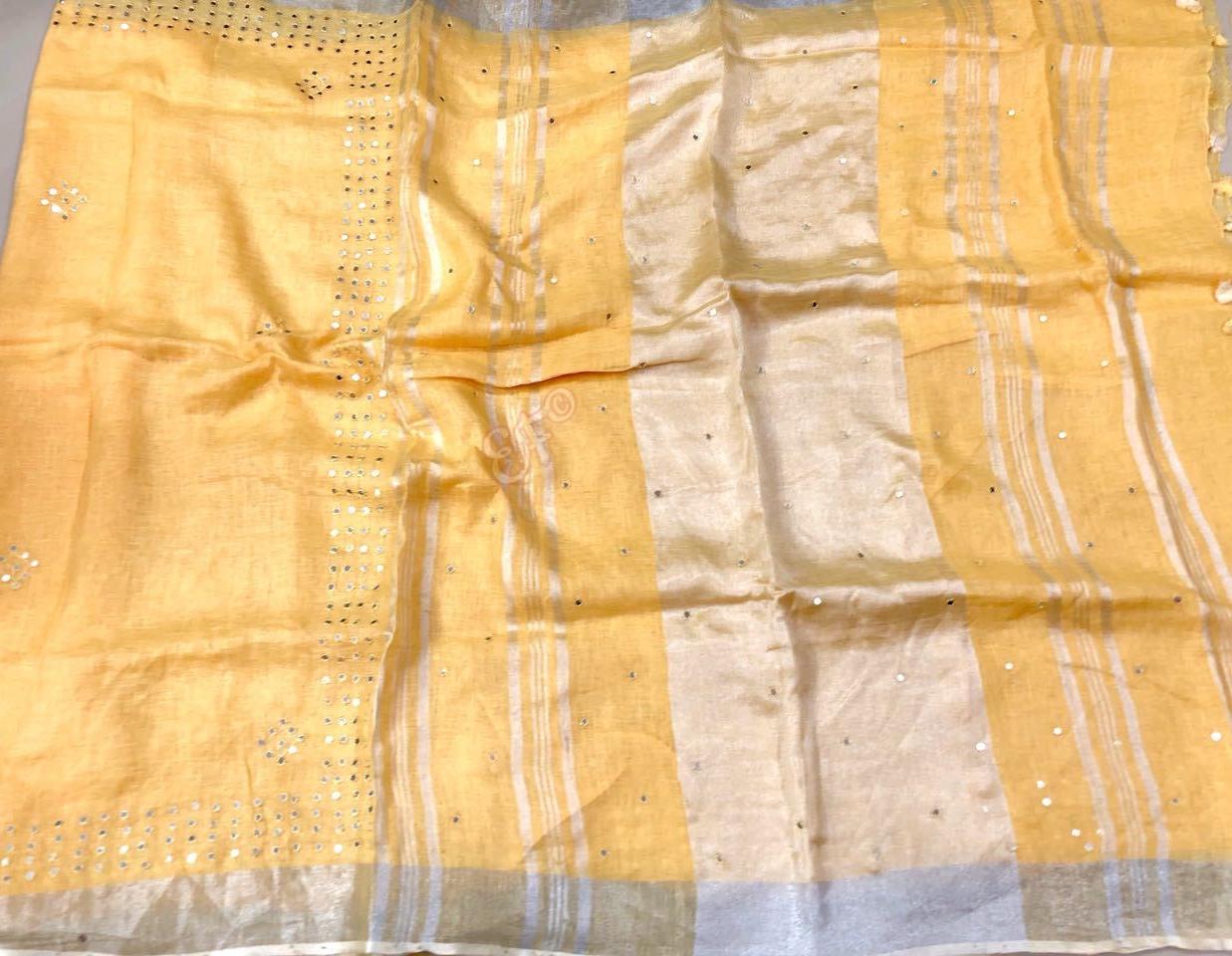 Pure Silver Lenin Silk Sarees With Allover Mirror Work