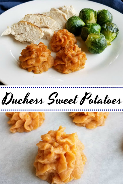 These duchess sweet potatoes add a little pizzazz to your plate, but they are really simple to make. They would be a fun way to change up your Thanksgiving or Christmas meal, but are delicious any time! These duchess sweet potatoes add a little pizzazz to your plate, but they are really simple to make. They would be a fun way to change up your Thanksgiving or Christmas meal, but are delicious any time!