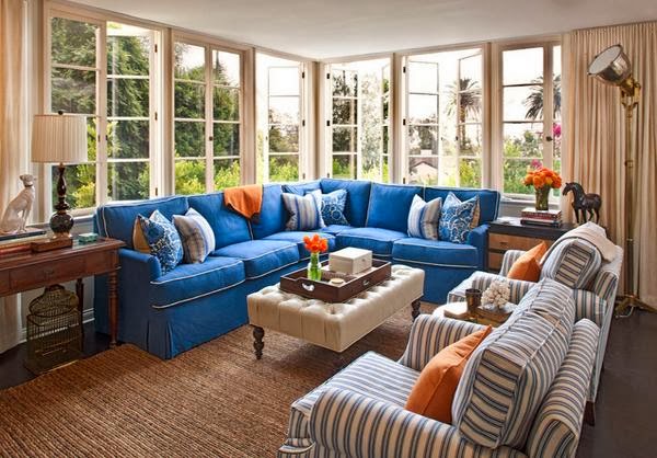 Living Room Design with Color Combination Blue, Orange and ...