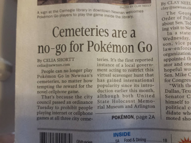 Cemeteries are a no-go for Pokémon GO Cemeteries Pokémon GO Newnan Georgia ordinance newspaper Times-Herald