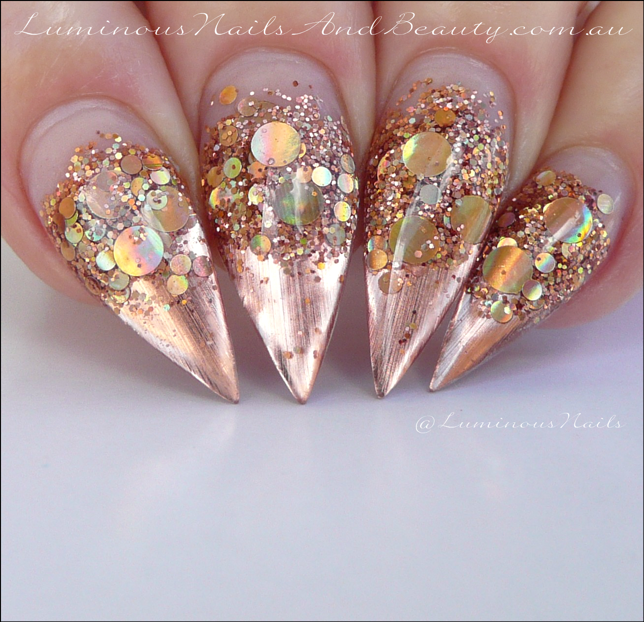 Luminous Nails Rose Gold Holographic Chrome Sculptured Rose Gold Holographic Chrome Nails Sculptured Acrylic Stiletto