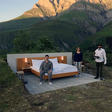 Qqriq Outdoor Hotel Room Null Stern Outdoor Hotel With Comfortable Bed No Walls And Roof Located In Safiental Countryside Grisons Switzerland