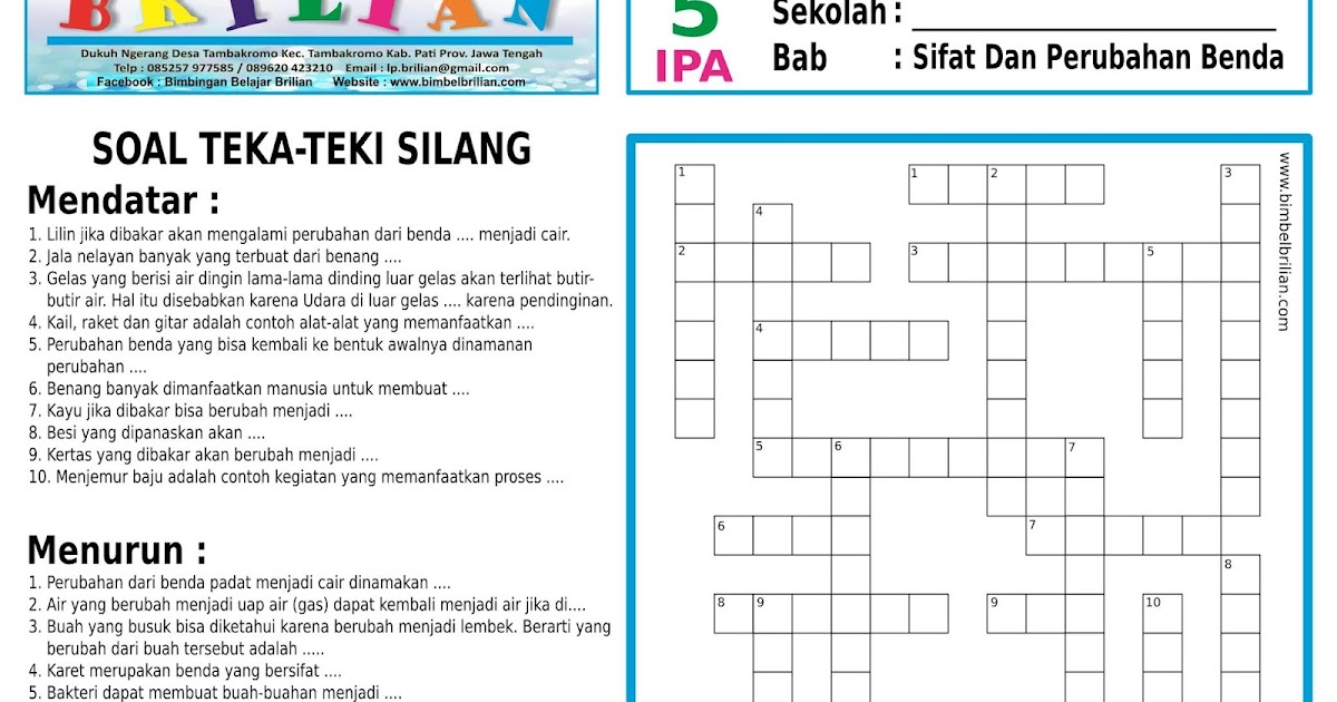 Soal TTS ( Teka - Teki Silang ) IPA SD Kelas 5 Bab 4 Sifat Dan