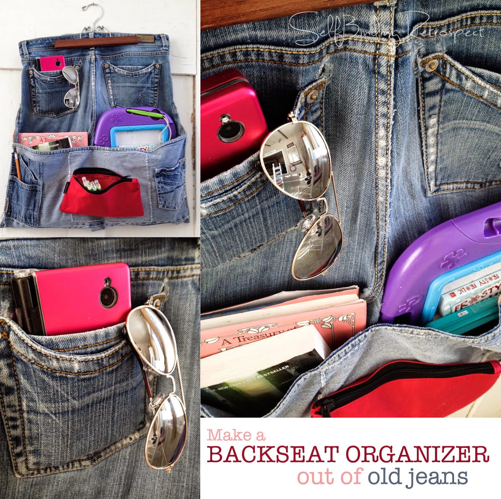 Make a backseat organizer out of old jeans 