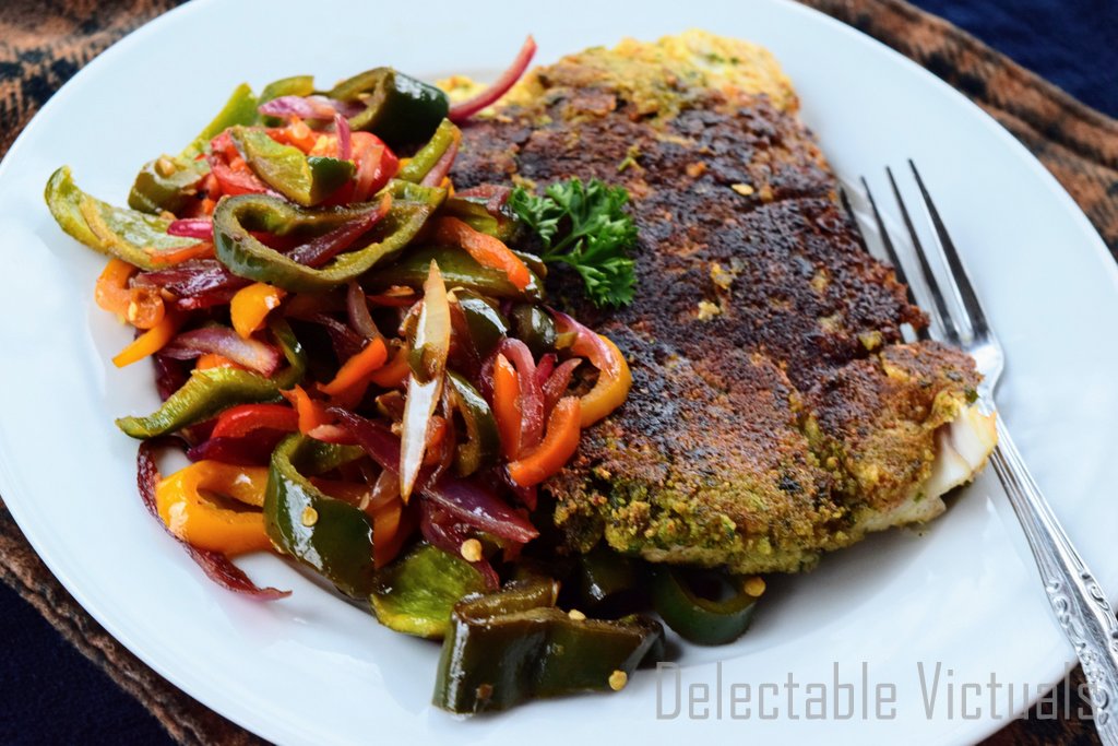 Delectable Victuals Breaded Halibut with Poblano Peppers and Colorful