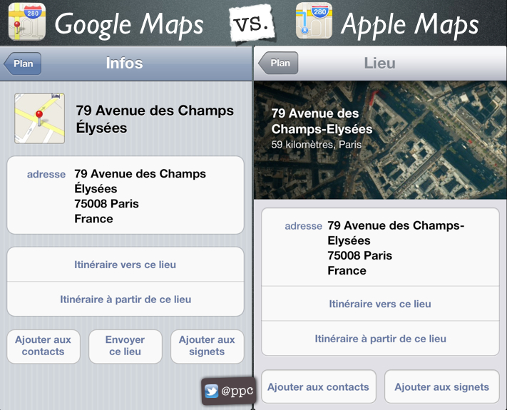 les différence de design entre Google Maps et Apple Maps sous iOS6 PPC
