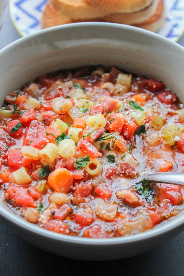This hearty Pasta e Fagioli soup made with pancetta, beans, pasta and vegetables is perfect for chilly winter nights!
