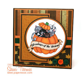 Pumpkin Kitties Thanksgiving card featuring pre-colored image and sentiment from Imagine That Digistamp, by Paperesse.