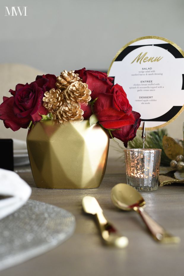 Black, white, gold and red holiday tablescape via monicawantsit.com