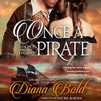Once A Pirate audiobook cover. A corseted woman with bare shoulders embraces a man in a pirate's jacket. A pirate ship sails into the sunset beneath.