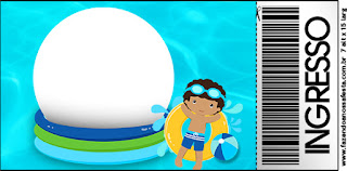 Fiesta en la Piscina, Niño Moreno: Invitaciones para Imprimir Gratis. Invitación tipo Ticket Master de Fiesta en la Piscina, Niño Moreno.