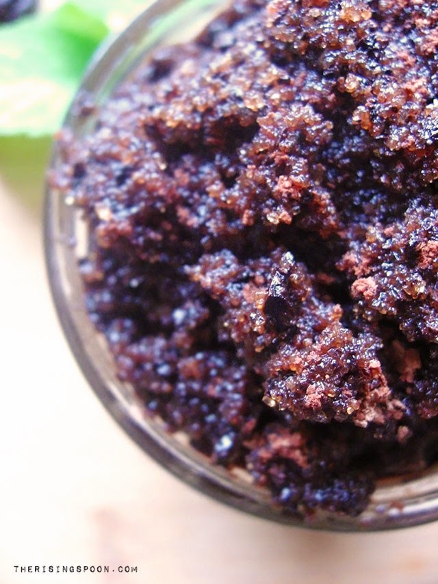homemade brown sugar scrub recipe with coffee, cacao powder, and peppermint essential oil