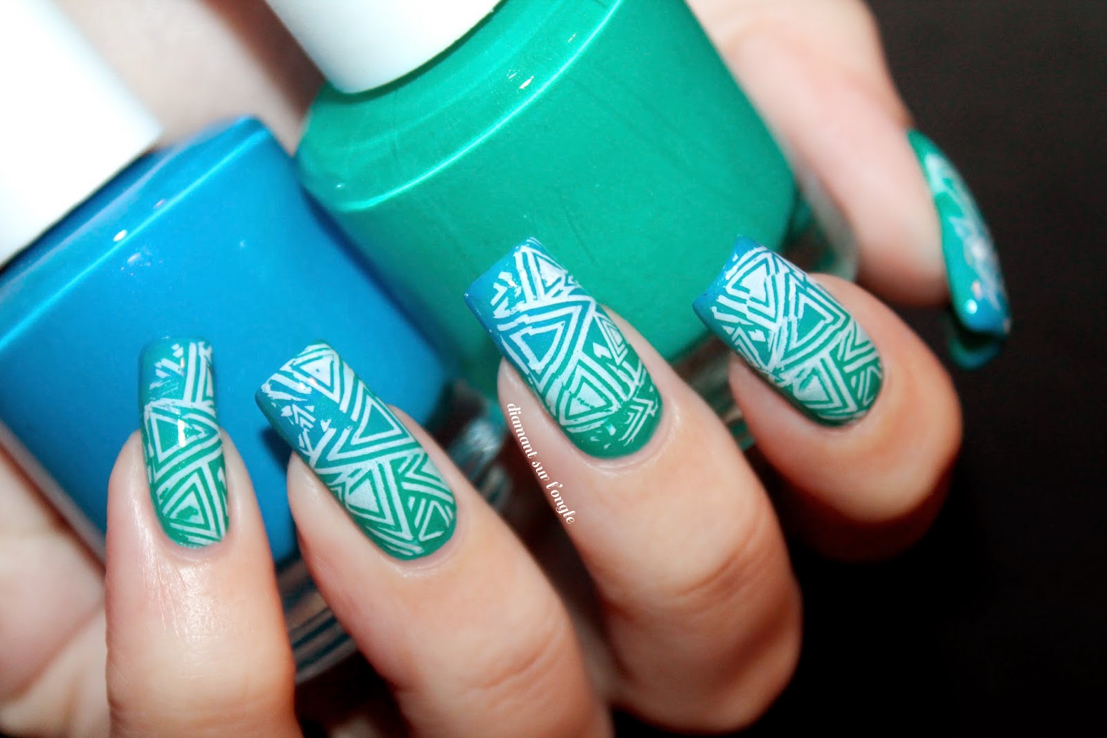 teal neon gradient nail art and white stamping