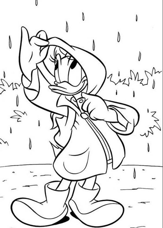 Tranh tô màu vịt Donald mặc áo mưa