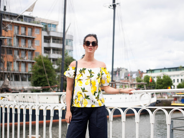 Outfit: lemon print off shoulder top and culottes