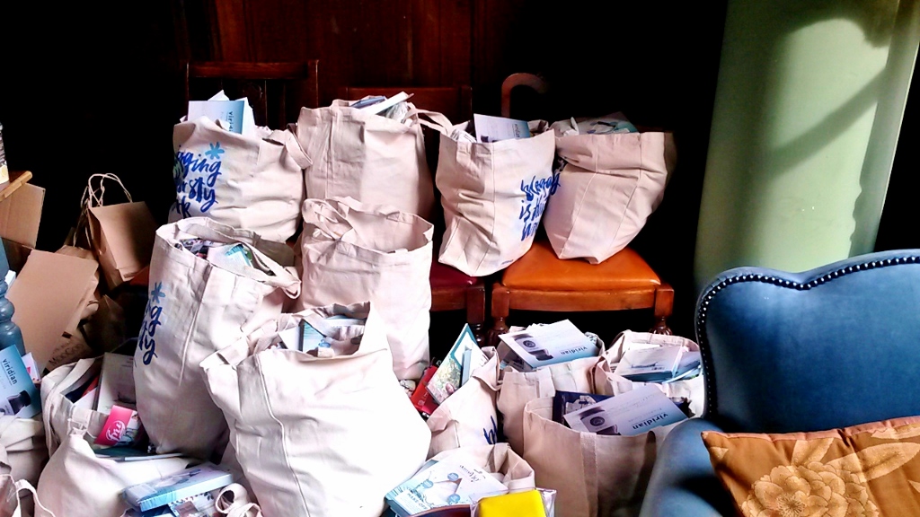 Goodie Bags Pile of canvas bags of blogging samples