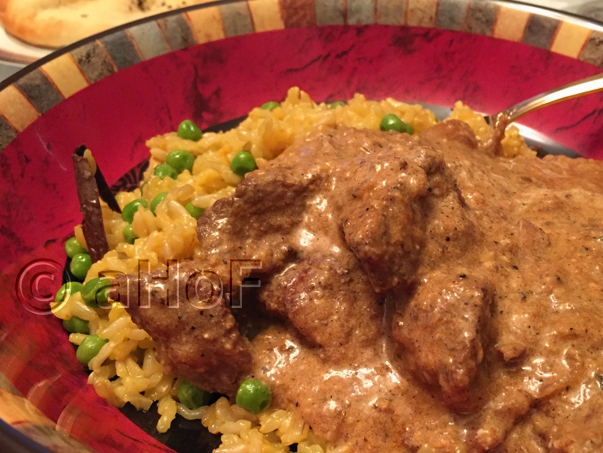 Rogan Josh, Mattar Pulao, rice, peas, Indian meal, ethnic