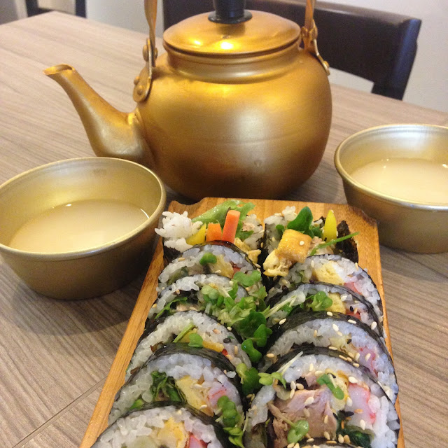 Makgeolli Korean rice wine and Tuna Gimbap at Sarangchae in Nottingham
