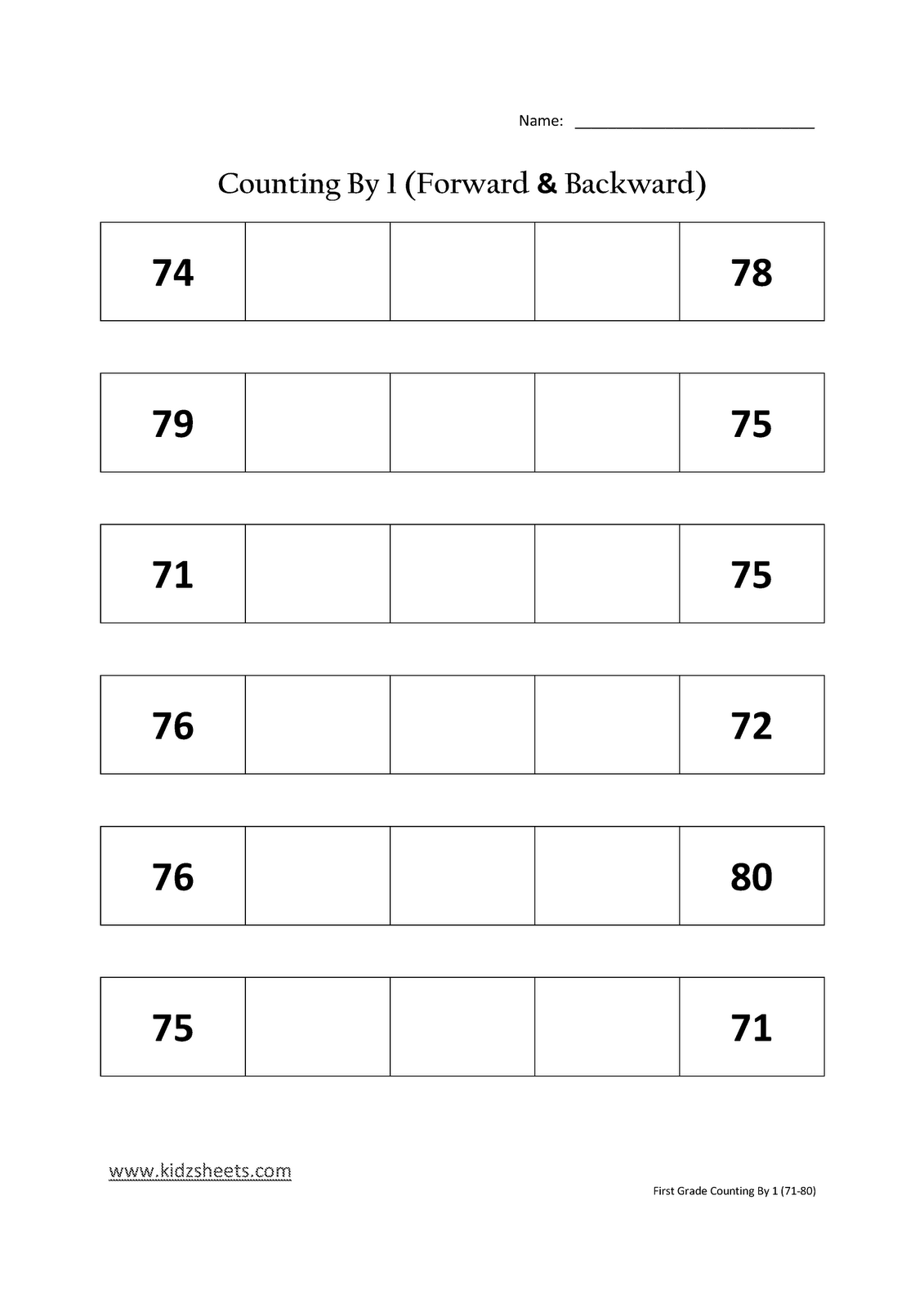 Kidz Worksheets: First Grade Counting by 1 (71-80) Kidz Worksheets: First Grade Counting by 1 (71-80)
