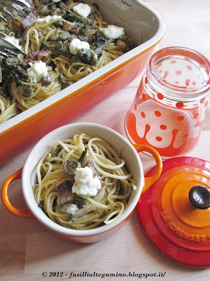 Spaghetti con asparagi, pancetta, fave e pecorino