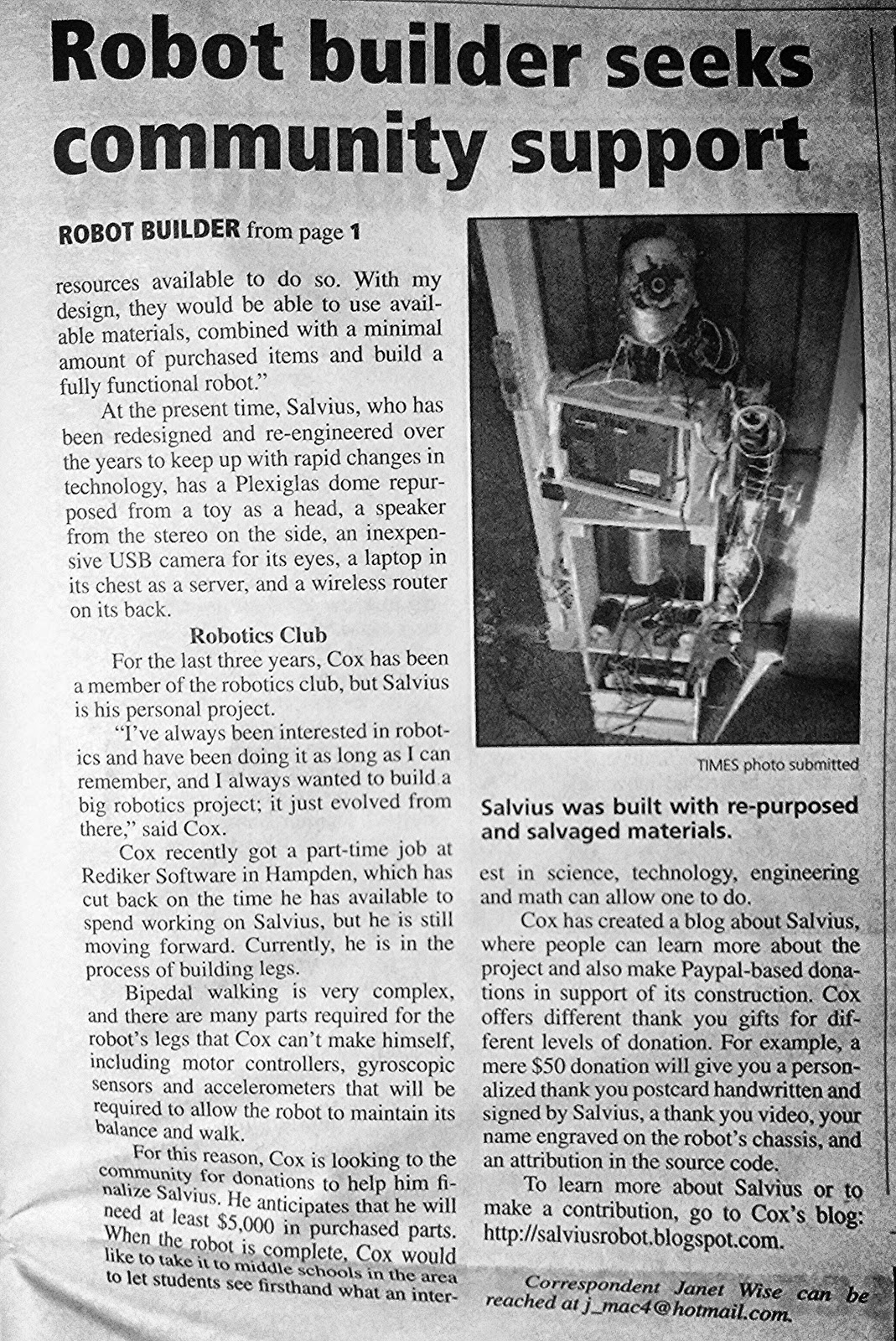 Salvius makes front page of Wilbraham Times